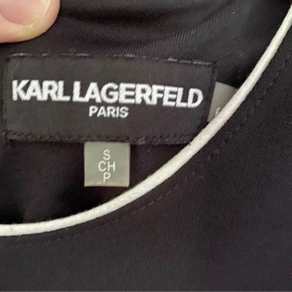 New w/  Tag Karl Lagerfeld Long Sleeve Black Blouse w/ White Frilly Cuffs - Picture 4 of 7